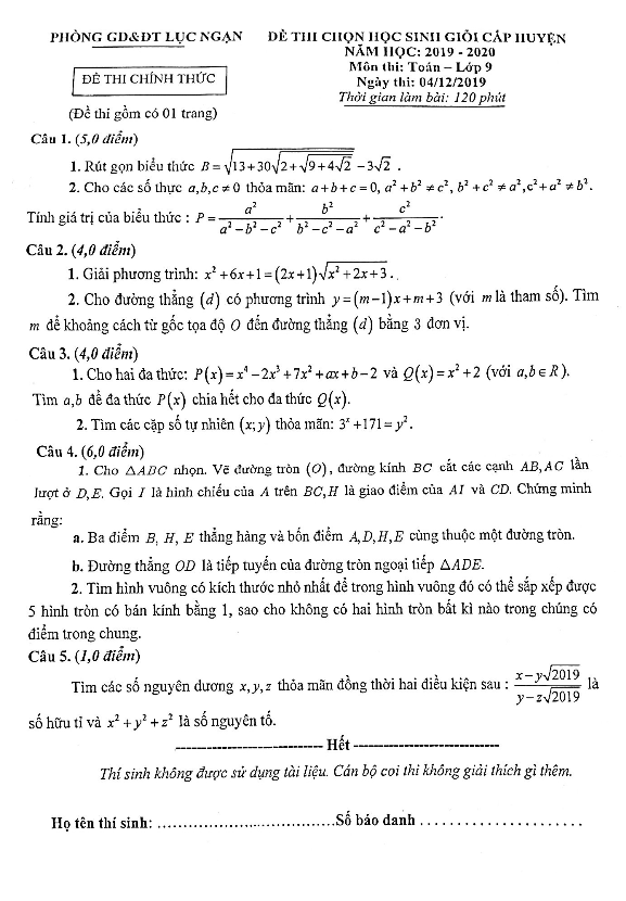 Đề thi chọn HSG cấp huyện Toán 9 năm 2019 – 2020 phòng GD&ĐT Lục Ngạn – Bắc Giang