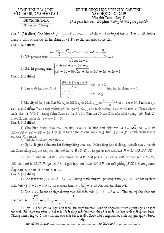Đề thi chọn HSG cấp tỉnh Toán 11 năm 2018 – 2019 sở GD&ĐT Bắc Ninh
