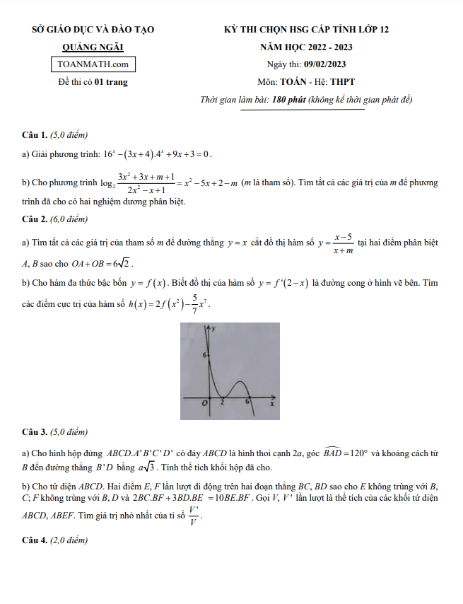 Đề thi chọn HSG cấp tỉnh Toán 12 năm 2022 – 2023 sở GD&ĐT Quảng Ngãi