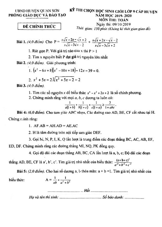 Đề thi chọn HSG huyện Toán 9 năm 2019 – 2020 phòng GD&ĐT Quan Sơn – Thanh Hóa