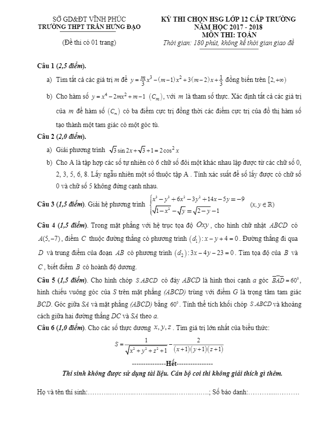 Đề thi chọn HSG lớp 12 cấp trường năm học 2017 – 2018 môn Toán trường Trần Hưng Đạo – Vĩnh Phúc