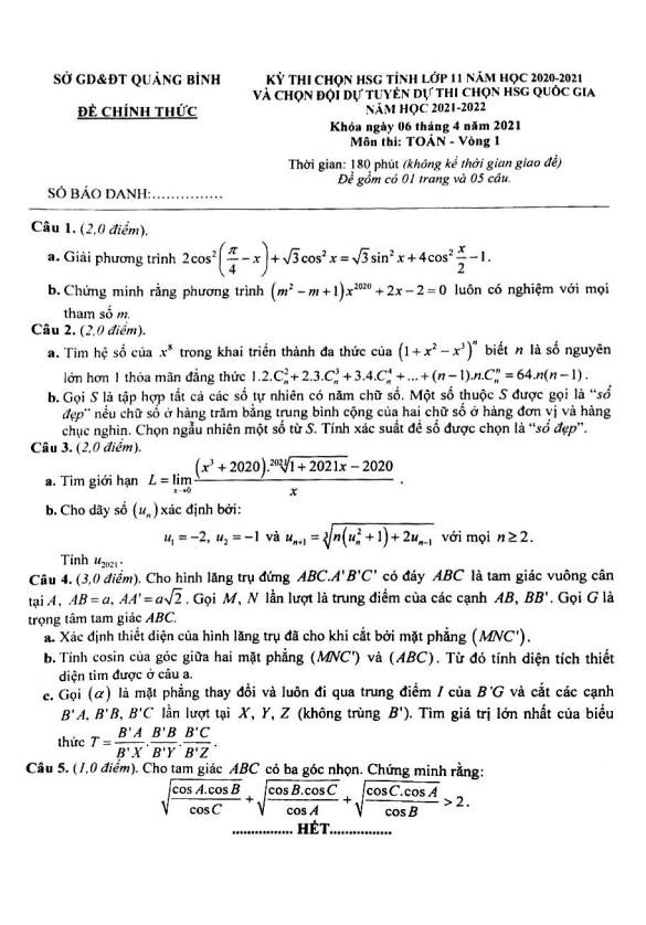 Đề thi chọn HSG tỉnh Toán 11 năm 2020 – 2021 sở GD&ĐT Quảng Bình (Vòng 1)