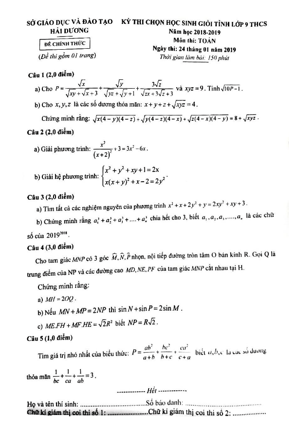 Đề thi chọn HSG tỉnh Toán 9 THCS năm 2018 – 2019 sở GD&ĐT Hải Dương