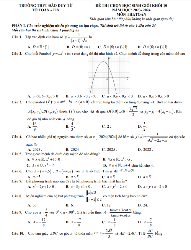 Đề thi chọn HSG Toán 10 năm 2023 – 2024 trường THPT Đào Duy Từ – Thanh Hóa