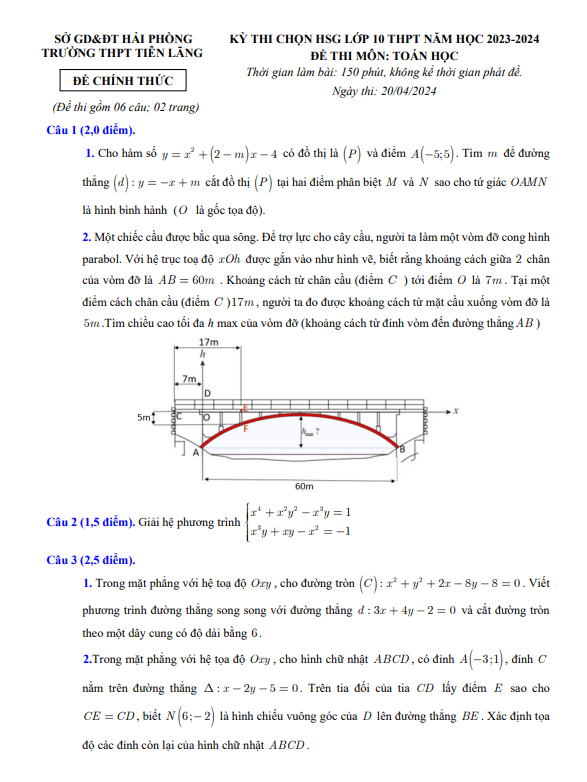 Đề thi chọn HSG Toán 10 năm 2023 – 2024 trường THPT Tiên Lãng – Hải Phòng