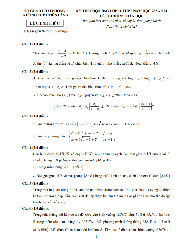 Đề thi chọn HSG Toán 11 năm 2023 – 2024 trường THPT Tiên Lãng – Hải Phòng