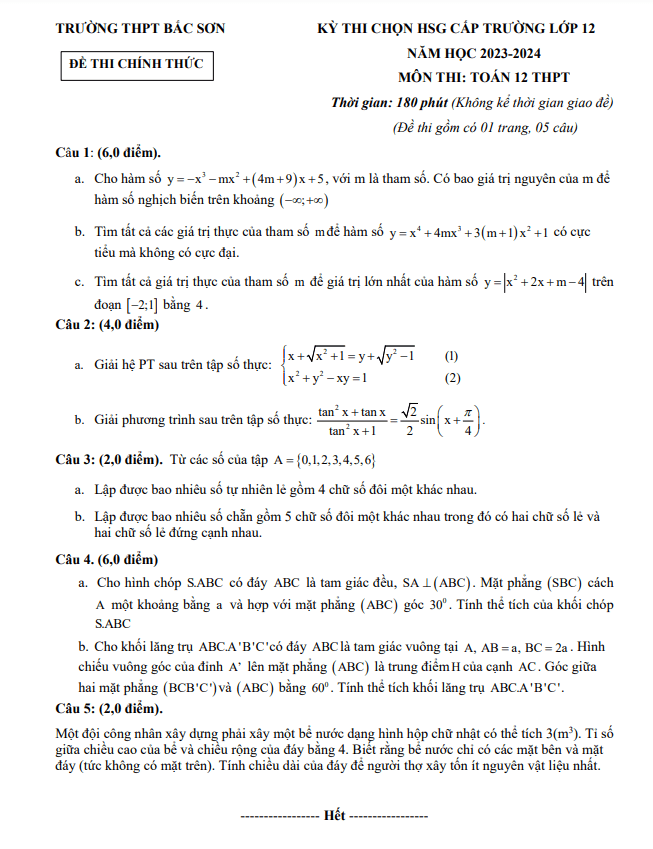 Đề thi chọn HSG Toán 12 năm 2023 – 2024 trường THPT Bắc Sơn – Lạng Sơn