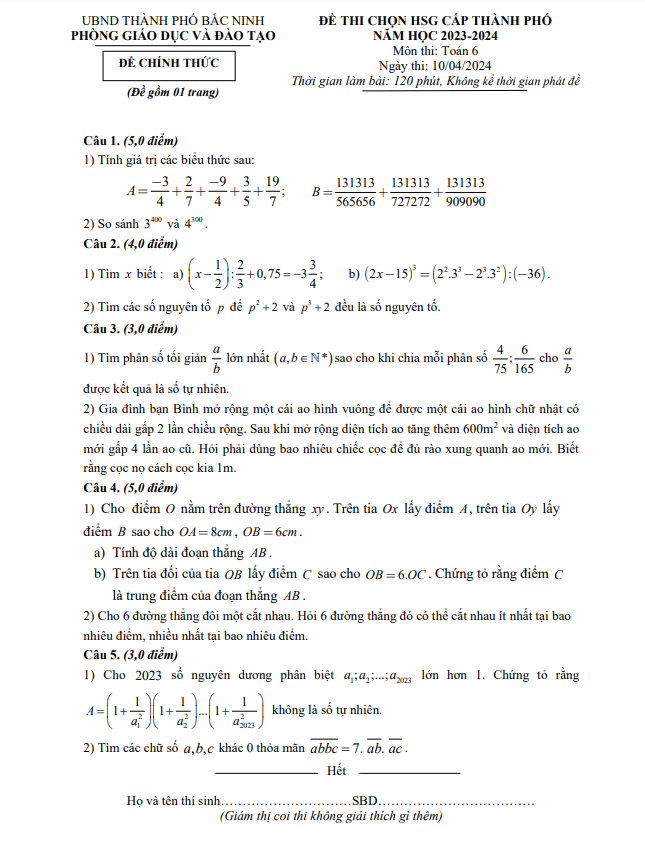 Đề thi chọn HSG Toán 6 năm 2023 – 2024 phòng GD&ĐT thành phố Bắc Ninh