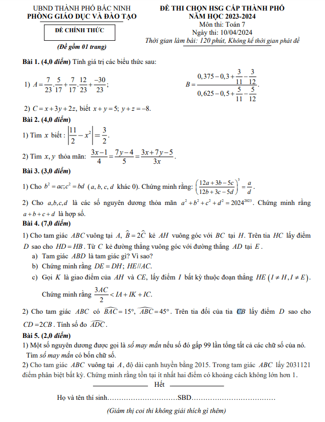 Đề thi chọn HSG Toán 7 năm 2023 – 2024 phòng GD&ĐT thành phố Bắc Ninh