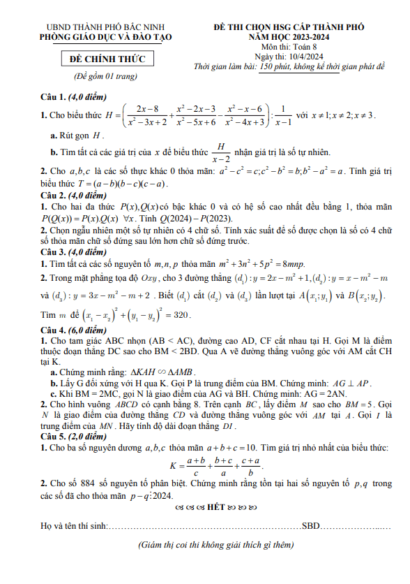 Đề thi chọn HSG Toán 8 năm 2023 – 2024 phòng GD&ĐT thành phố Bắc Ninh