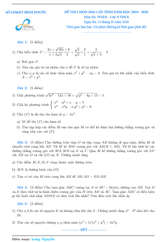 Đề thi chọn HSG Toán 9 cấp tỉnh năm 2019 – 2020 sở GD&ĐT Bình Phước