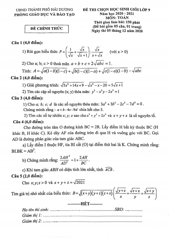 Đề thi chọn HSG Toán 9 năm 2020 – 2021 phòng GD&ĐT thành phố Hải Dương