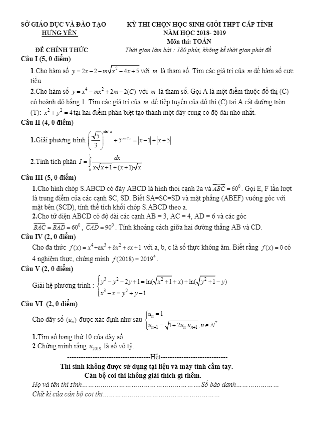 Đề thi chọn HSG Toán THPT cấp tỉnh năm 2018 – 2019 sở GD&ĐT Hưng Yên