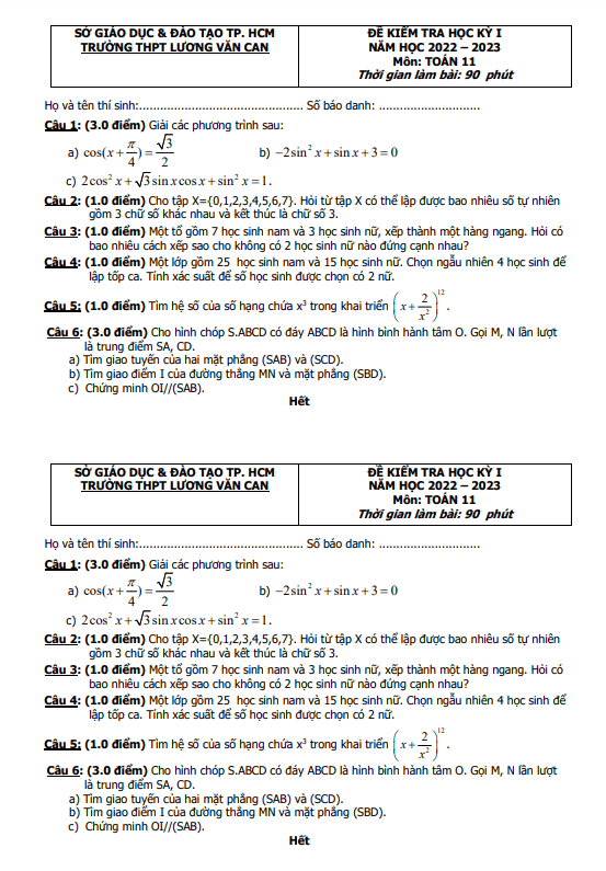 Đề thi cuối HK1 Toán 11 năm 2022 – 2023 trường THPT Lương Văn Can – TP HCM