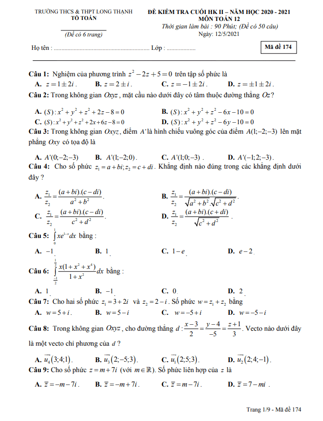 Đề thi cuối HK2 Toán 12 năm 2020 – 2021 trường Long Thạnh – Kiên Giang