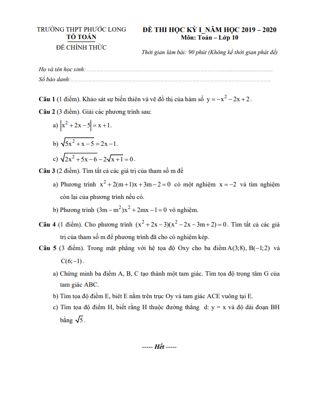 Đề thi cuối học kì 1 Toán 10 năm 2019 – 2020 trường THPT Phước Long – TP HCM