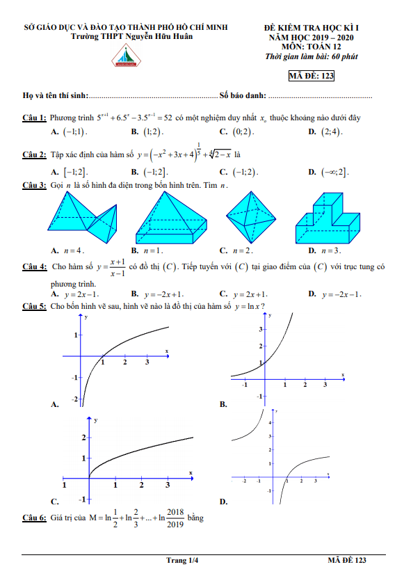 Đề thi cuối học kì 1 Toán 12 năm 2019 – 2020 trường THPT Nguyễn Hữu Huân – TP HCM