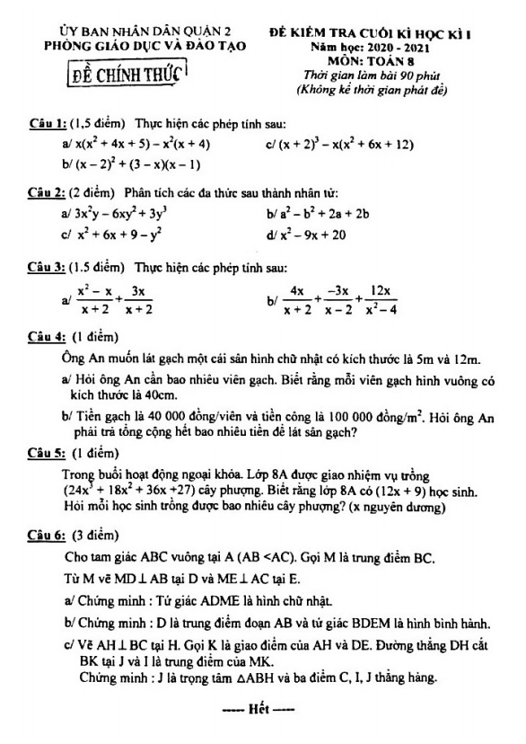 Đề thi cuối học kì 1 Toán 8 năm 2020 – 2021 phòng GD&ĐT Quận 2 – TP HCM