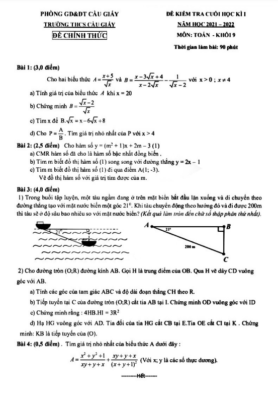 Đề thi cuối học kì 1 Toán 9 năm 2021 – 2022 trường THCS Cầu Giấy – Hà Nội