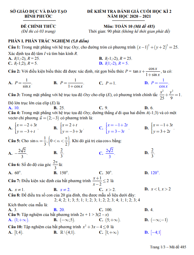 Đề thi cuối học kì 2 Toán 10 năm 2020 – 2021 sở GD&ĐT Bình Phước