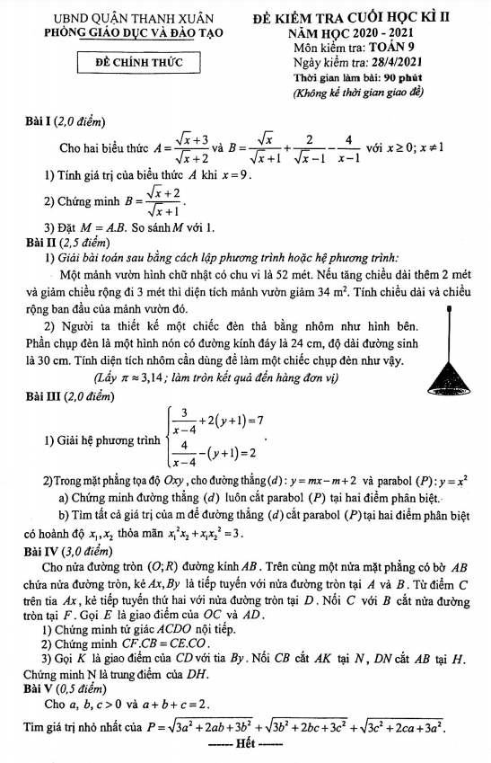 Đề thi cuối học kì 2 Toán 9 năm 2020 – 2021 phòng GD&ĐT Thanh Xuân – Hà Nội