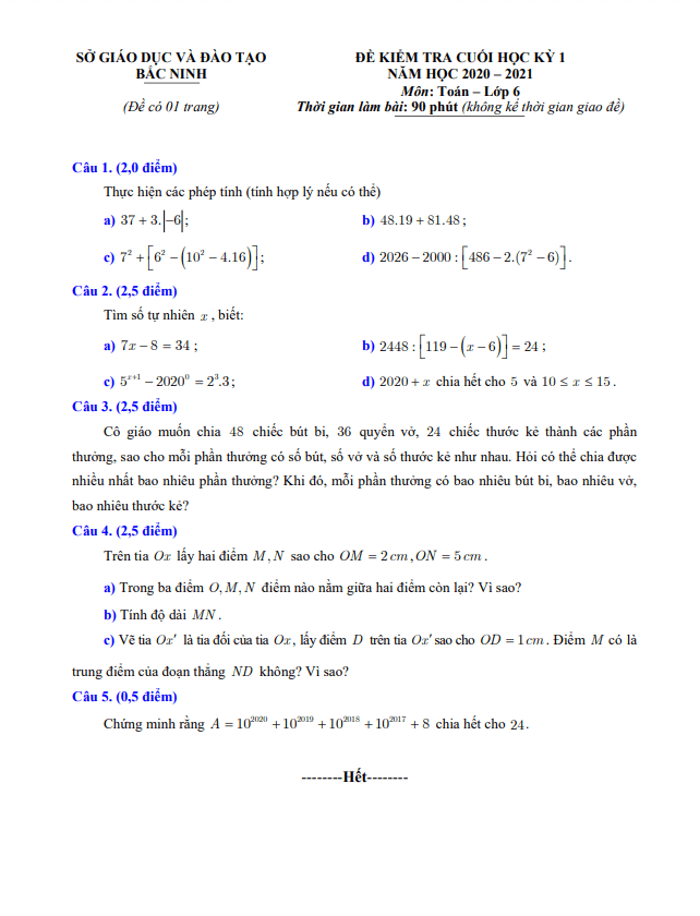 Đề thi cuối học kỳ 1 Toán 6 năm 2020 – 2021 sở GD&ĐT Bắc Ninh
