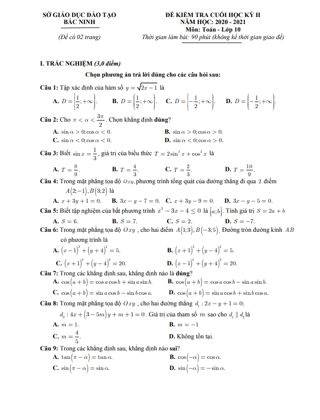 Đề thi cuối học kỳ 2 Toán 10 năm 2020 – 2021 sở GD&ĐT Bắc Ninh