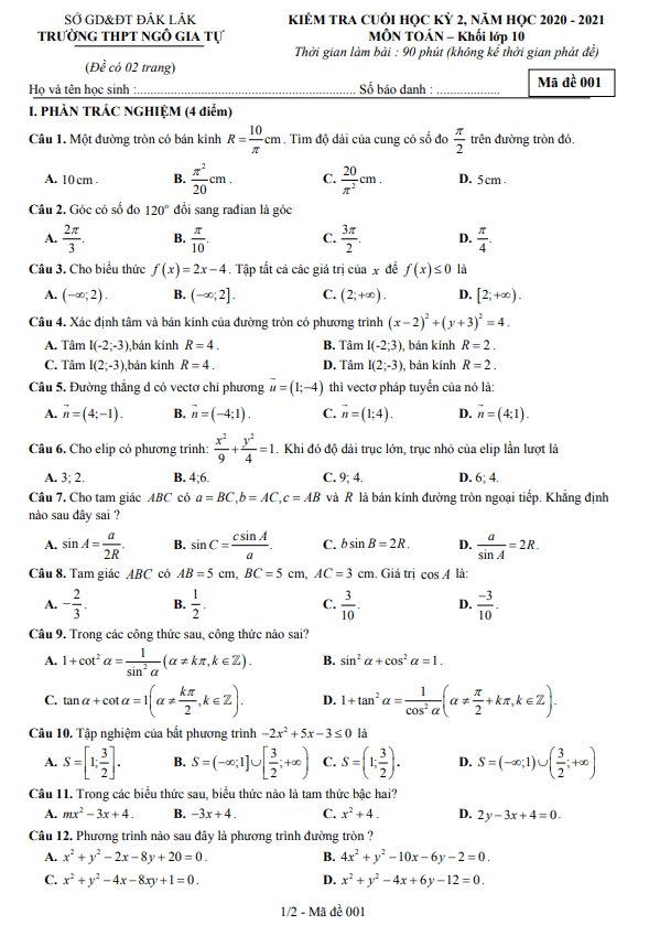 Đề thi cuối học kỳ 2 Toán 10 năm 2020 – 2021 trường THPT Ngô Gia Tự – Đắk Lắk