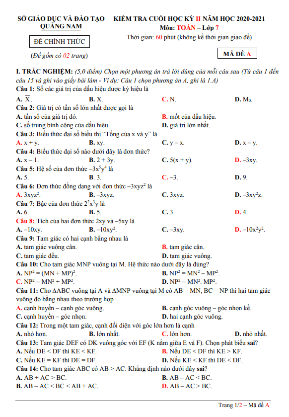 Đề thi cuối học kỳ 2 Toán 7 năm 2020 – 2021 sở GD&ĐT Quảng Nam