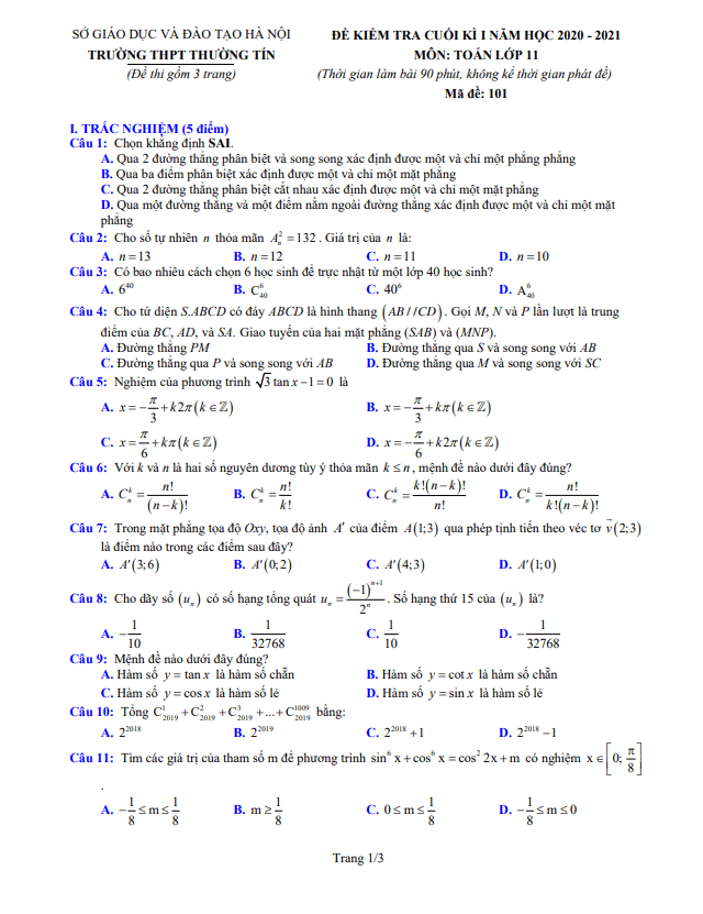 Đề thi cuối kì 1 Toán 11 năm 2020 – 2021 trường THPT Thường Tín – Hà Nội