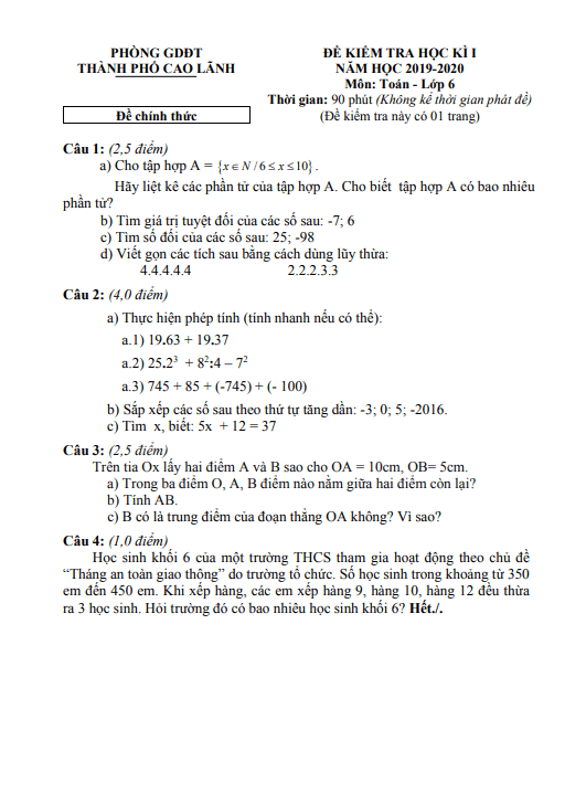 Đề thi cuối kì 1 Toán 6 năm 2019 – 2020 phòng GD&ĐT TP Cao Lãnh – Đồng Tháp