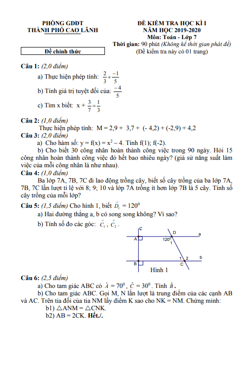 Đề thi cuối kì 1 Toán 7 năm 2019 – 2020 phòng GD&ĐT TP Cao Lãnh – Đồng Tháp