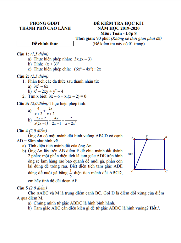 Đề thi cuối kì 1 Toán 8 năm 2019 – 2020 phòng GD&ĐT TP Cao Lãnh – Đồng Tháp
