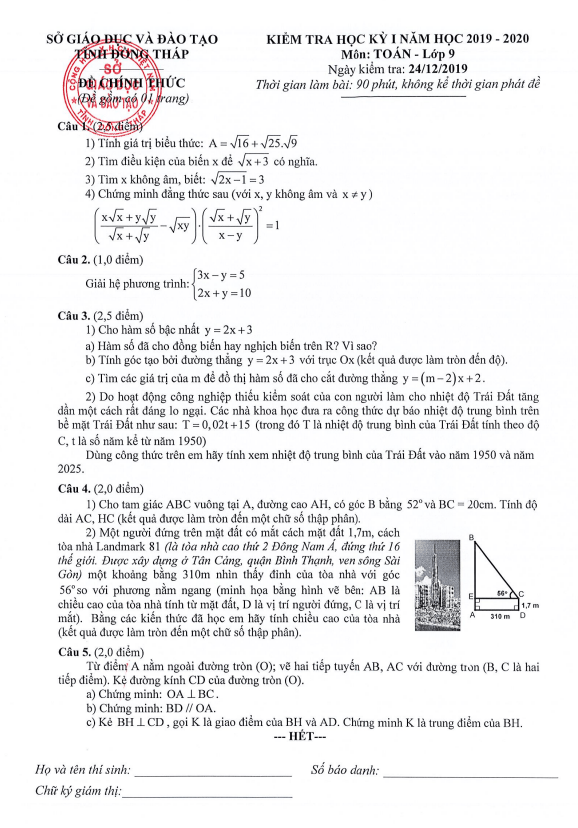 Đề thi cuối kì 1 Toán 9 năm 2019 – 2020 sở GD&ĐT Đồng Tháp