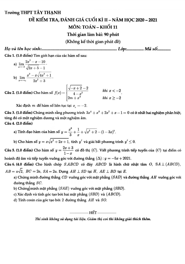 Đề thi cuối kì 2 Toán 11 năm 2020 – 2021 trường THPT Tây Thạnh – TP HCM