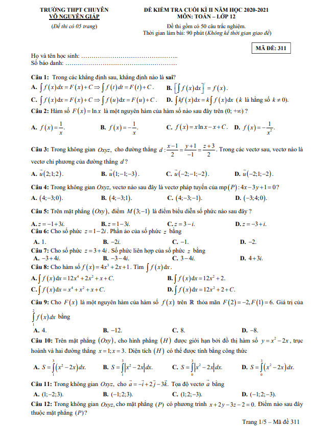 Đề thi cuối kì 2 Toán 12 năm 2020 – 2021 trường chuyên Võ Nguyên Giáp – Quảng Bình