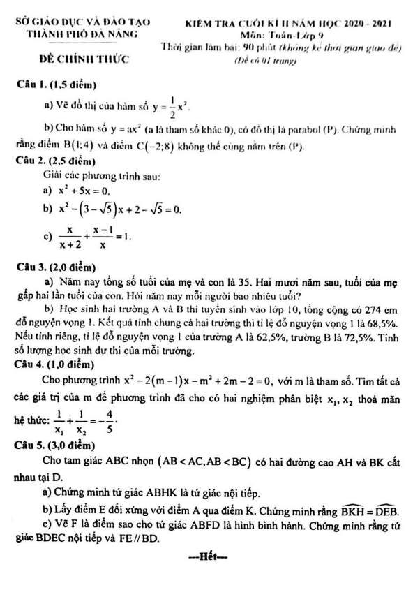 Đề thi cuối kì 2 Toán 9 năm 2020 – 2021 sở GD&ĐT thành phố Đà Nẵng