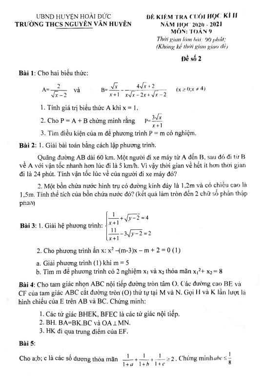 Đề thi cuối kì 2 Toán 9 năm 2020 – 2021 trường THCS Nguyễn Văn Huyên – Hà Nội