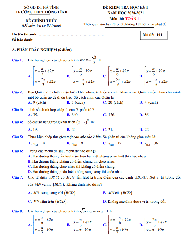Đề thi cuối kỳ 1 Toán 11 năm 2020 – 2021 trường THPT Hồng Lĩnh – Hà Tĩnh