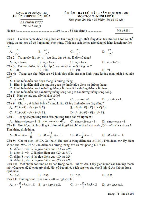 Đề thi cuối kỳ 1 Toán 11 năm 2020 – 2021 trường THPT Hướng Hóa – Quảng Trị