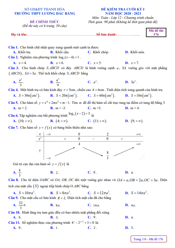 Đề thi cuối kỳ 1 Toán 12 năm 2020 – 2021 trường Lương Đắc Bằng – Thanh Hóa