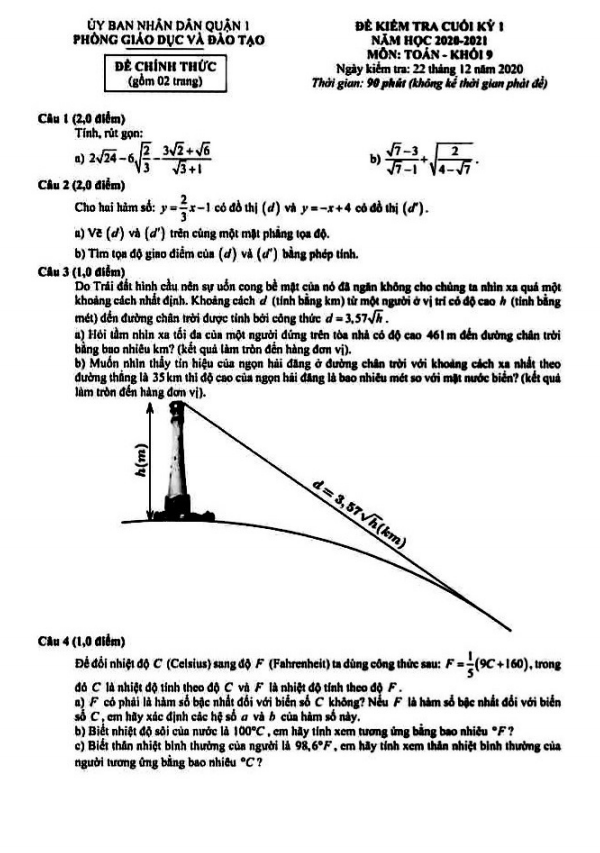 Đề thi cuối kỳ 1 Toán 9 năm 2020 – 2021 phòng GD&ĐT Quận 1 – TP HCM