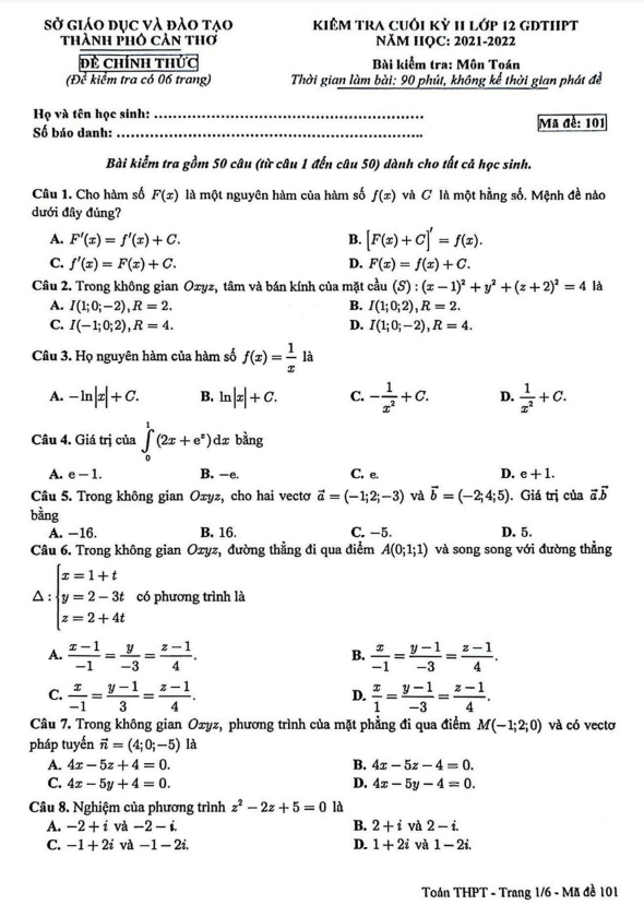 Đề thi cuối kỳ 2 Toán 12 năm 2021 – 2022 sở GD&ĐT thành phố Cần Thơ