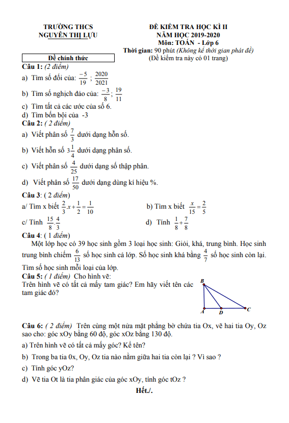Đề thi cuối kỳ 2 Toán 6 năm 2019 – 2020 trường THCS Nguyễn Thị Lựu – Đồng Tháp