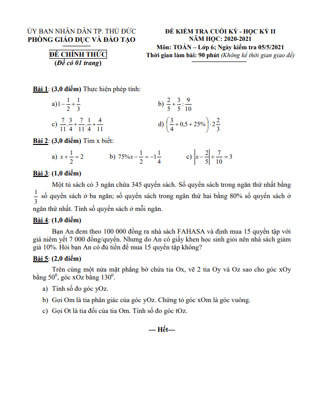 Đề thi cuối kỳ 2 Toán 6 năm 2020 – 2021 phòng GD&ĐT Thủ Đức – TP HCM