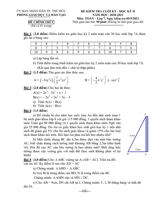 Đề thi cuối kỳ 2 Toán 7 năm 2020 – 2021 phòng GD&ĐT Thủ Đức – TP HCM