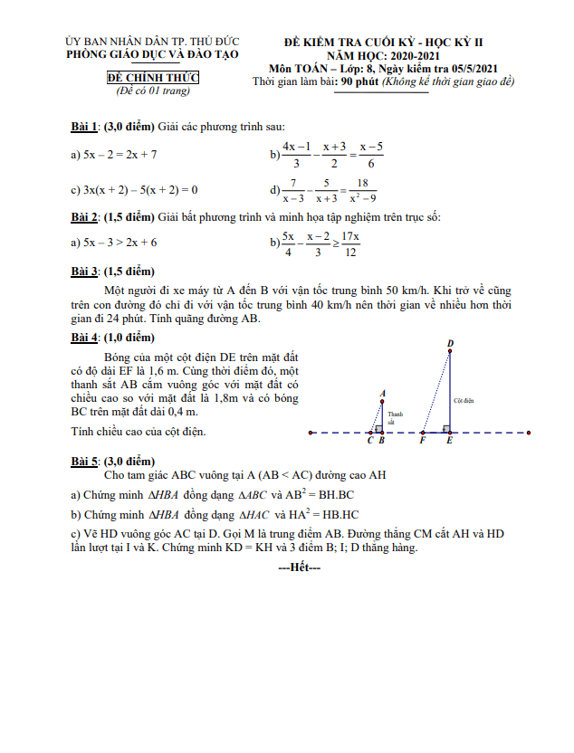 Đề thi cuối kỳ 2 Toán 8 năm 2020 – 2021 phòng GD&ĐT Thủ Đức – TP HCM