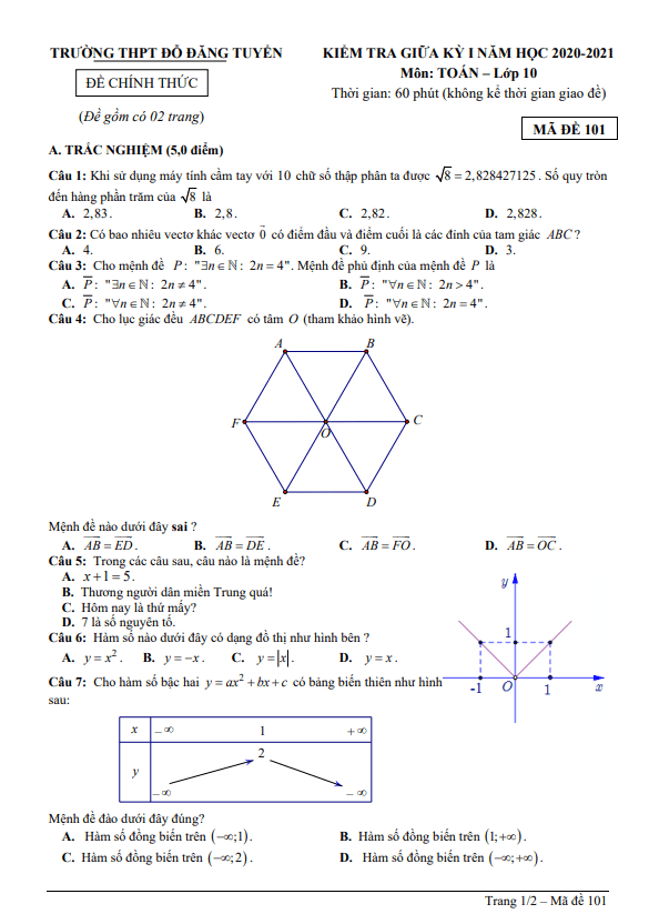 Đề thi giữa HK1 Toán 10 năm 2020 – 2021 trường THPT Đỗ Đăng Tuyển – Quảng Nam