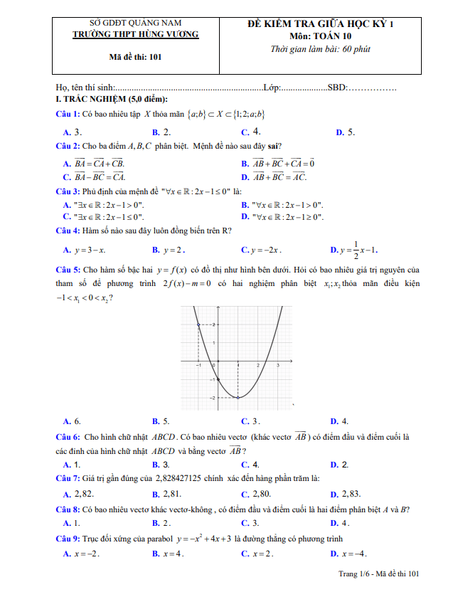 Đề thi giữa HK1 Toán 10 năm 2020 – 2021 trường THPT Hùng Vương – Quảng Nam