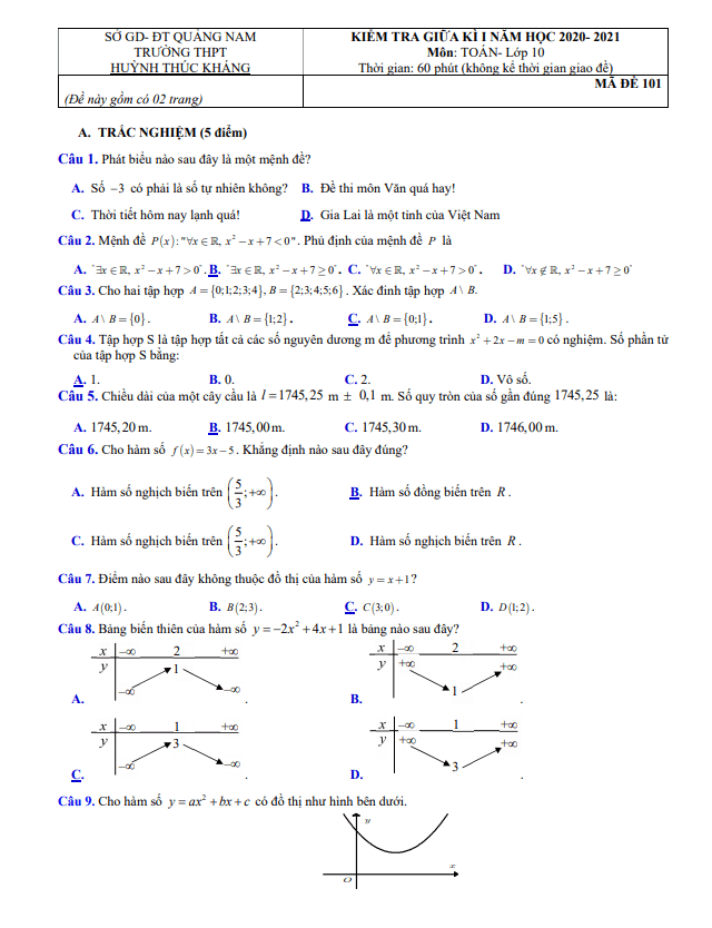 Đề thi giữa HK1 Toán 10 năm 2020 – 2021 trường THPT Huỳnh Thúc Kháng – Quảng Nam
